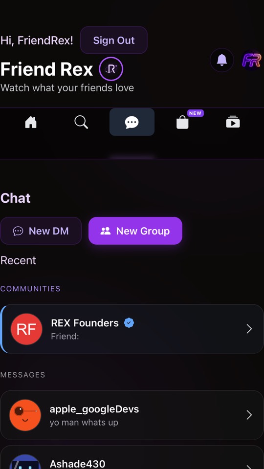 Chat screen with direct messages and group chats