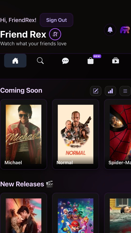 FriendRex home screen with coming soon and new release posters