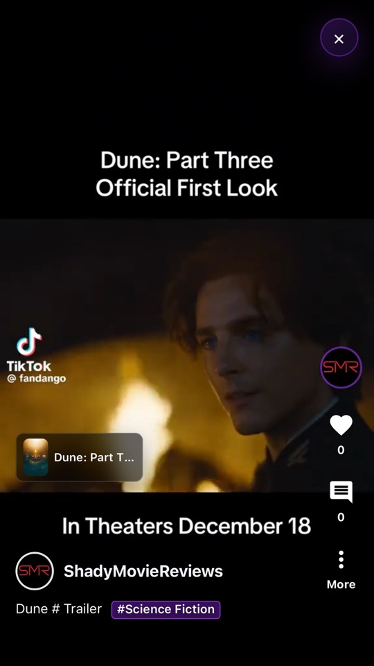 Reels screen playing a movie trailer